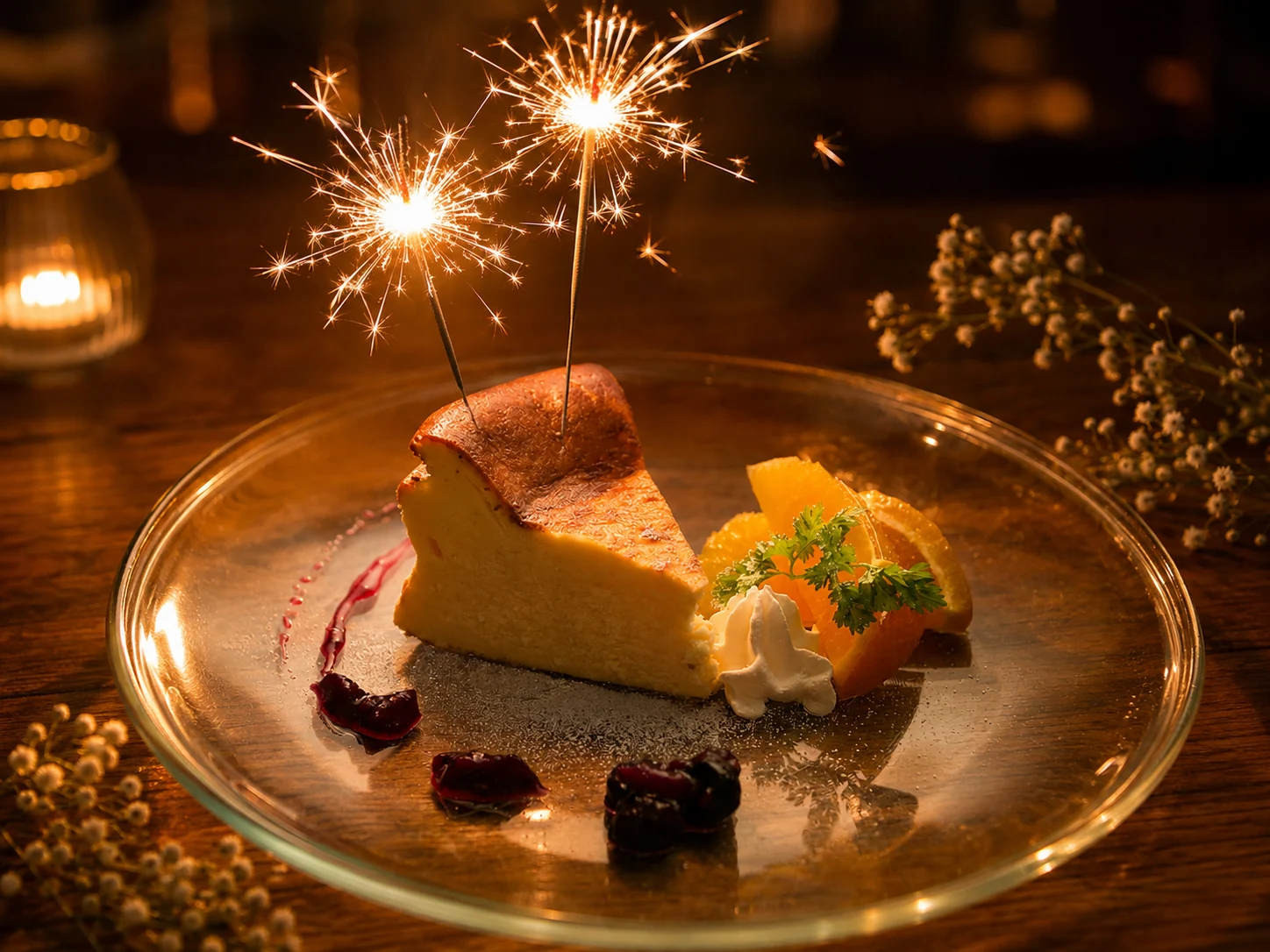 スパークラーの花火が刺さったBONGOのチーズケーキ。誕生日の特別な一皿